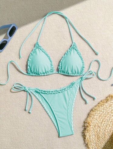 ZAFUL Women Ruffle Trim Triangle Bikini Sets Halter String 2 Piece Swimsuits High Cut Bathing Suits in Kuwait