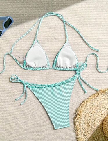 ZAFUL Women Ruffle Trim Triangle Bikini Sets Halter String 2 Piece Swimsuits High Cut Bathing Suits in Kuwait