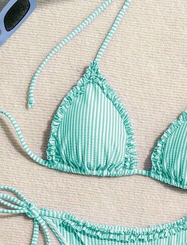 ZAFUL Women Ruffle Trim Triangle Bikini Sets Halter String 2 Piece Swimsuits High Cut Bathing Suits in Kuwait