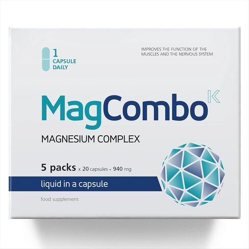 MagCombo - Concentrated Pure Magnesium, Special Oil Formula with Maximum Absorption for Leg Cramps, Tensed Muscles, Sleep, enriched with Vitamins В2, В6, В12 and С, only 1 Capsule Daily. (Pack of 1) in Saudi Arabia