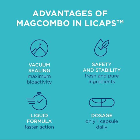 MagCombo - Concentrated Pure Magnesium, Special Oil Formula with Maximum Absorption for Leg Cramps, Tensed Muscles, Sleep, enriched with Vitamins В2, В6, В12 and С, only 1 Capsule Daily. (Pack of 1) in Saudi Arabia