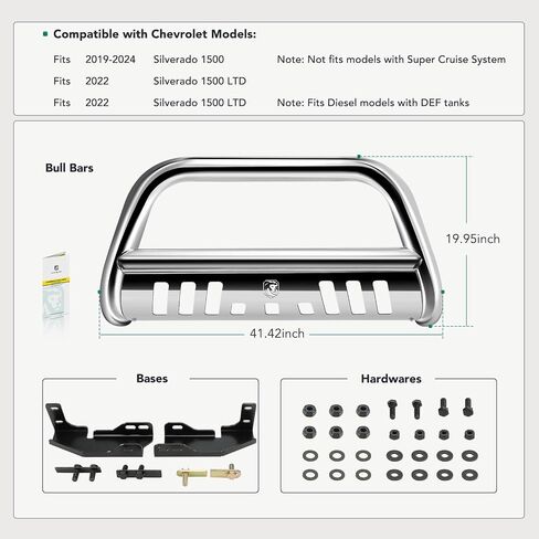 YHTAUTO 3" Bull Bar Push Bar with Skid Plate Light Mount Fit Chevy Models, Silverado 1500 2019-2025, Silverado 1500 LTD 2022, S/S 304 Brush Guard for Truck Front Bumper Off Road Accessories in Saudi Arabia