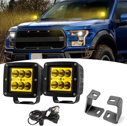 Wsays 2PCS LED Amber Light Pods & Ditch Hood Hinge LED Pod Mount Bracket w/Wiring Kit Compatible with Ford F150 Raptor 2017-2023 Fit F-150 in Saudi Arabia