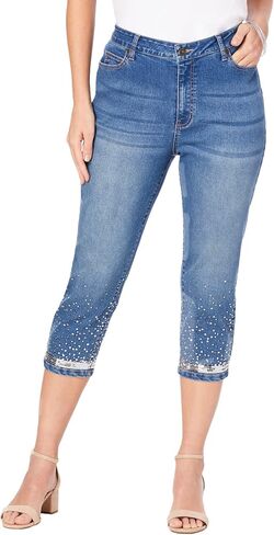 Roaman's Women's Plus Size Sequin Trim Straight Leg Capri Jean in Saudi Arabia