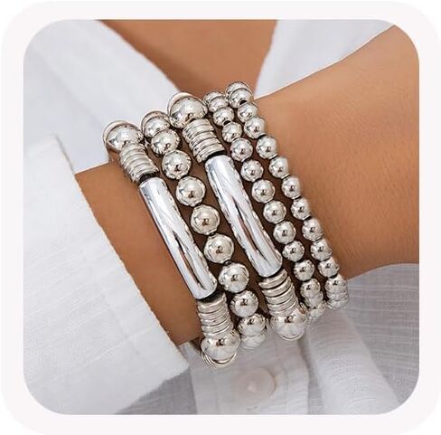 7Pcs Gold Beaded Bracelets Set for Women Stretch Bracelet Bead Ball Stackable Chunky Bracelet Jewelry Trendy and Dainty Bracelet Set in Kuwait