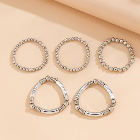 7Pcs Gold Beaded Bracelets Set for Women Stretch Bracelet Bead Ball Stackable Chunky Bracelet Jewelry Trendy and Dainty Bracelet Set in Kuwait