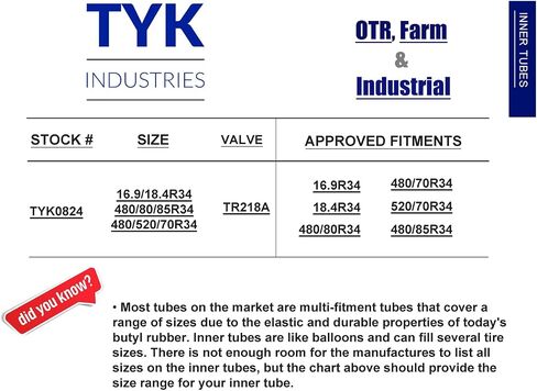 18.4R34 ، 480/70R34 ، 520/70R34 Tyre Tyre Tube مع جذع صمام TR218A للاستخدام في الإطارات الشعاعية أو التحيز بواسطة Tyk Industries in Saudi Arabia