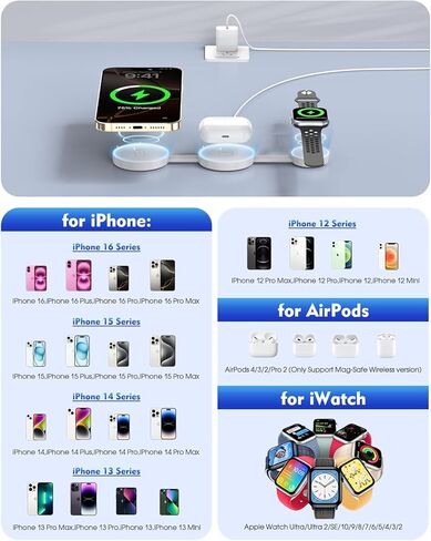 Magnetic Wireless 3 in 1 Magsafe Charging Station لشاحن Apple Magsafe ، iPhone 16 محطة شحنة لاسلكية ، لوحة شحن قابلة للطي لـ iPhone 16 15 14 13 Pro/Pro Max ، Apple Watch ، Airpods Pro in Kuwait