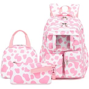 Cow Print Pink School Backpack for Girls, 3Pcs Kids Bookbag Set School Bags Back Pack with Lunch Box and Pencil Bag in Kuwait