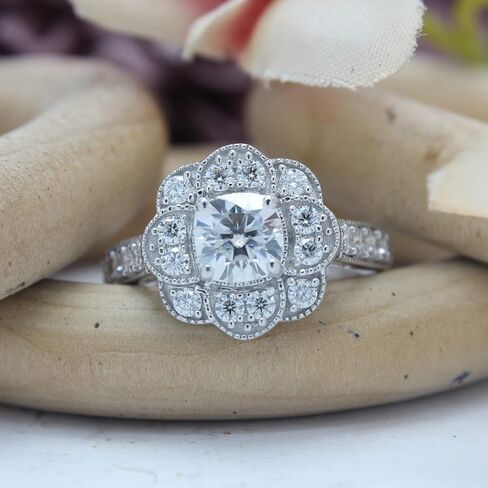 SAVEARTH DIAMONDS 1 2/5 ct.t.w Center 6MM Cushion Cut Lab Created Moissanite Diamond Floral Halo Engagement Ring In 14K Gold Over Sterling Silver (VVS1 Clarity, 1.40 Cttw) in Saudi Arabia
