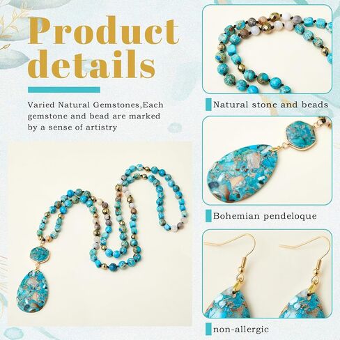 Turquoise Jewelry Set Turquoise Long Beaded Necklaces and Earrings for Women Boho Natural Stone Beaded Jewelry Bohemian Long Necklaces Handmade Vintage Oval Water Drop Earrings in Kuwait