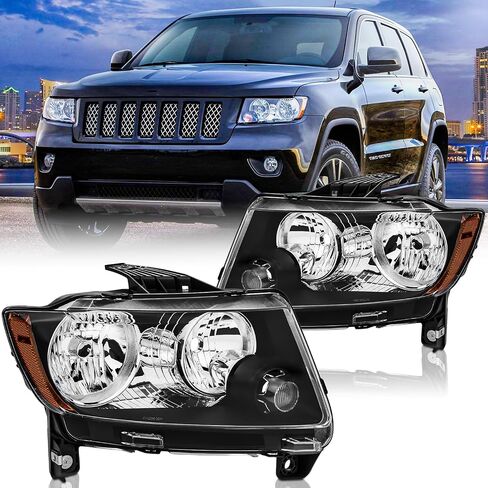 زوج تجميع المصابيح الأمامية لعام 2009 2009 2010 مصابيح أمامية هالوجين Jeep Grand Grand Cherokee مع سائق استبدال تسخير الأسلاك وجانب الركاب ، Chrome Housing Amber Reflector in Kuwait