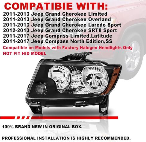 زوج تجميع المصابيح الأمامية لعام 2009 2009 2010 مصابيح أمامية هالوجين Jeep Grand Grand Cherokee مع سائق استبدال تسخير الأسلاك وجانب الركاب ، Chrome Housing Amber Reflector in Kuwait