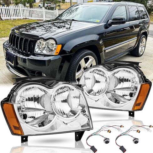 Headlights Assembly Pair for 2008 2009 2010 Jeep Grand Cherokee Halogen Headlamps with Wiring Harness Replacement Driver and Passenger Side,Chrome Housing Amber Reflector in Saudi Arabia