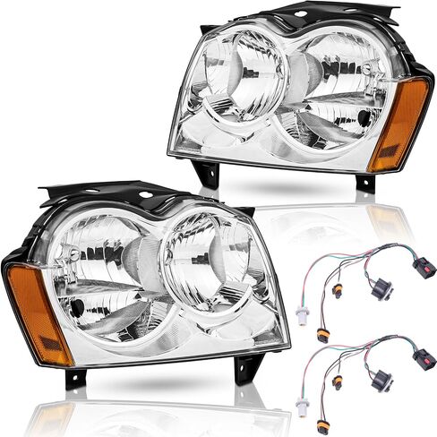 Headlights Assembly Pair for 2008 2009 2010 Jeep Grand Cherokee Halogen Headlamps with Wiring Harness Replacement Driver and Passenger Side,Chrome Housing Amber Reflector in Saudi Arabia