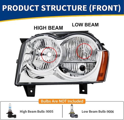 Headlights Assembly Pair for 2008 2009 2010 Jeep Grand Cherokee Halogen Headlamps with Wiring Harness Replacement Driver and Passenger Side,Chrome Housing Amber Reflector in Saudi Arabia
