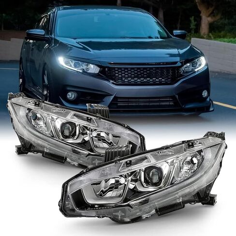 Headlight Assembly Fit for 2016-2021 Honda Civic,Halogen Headlamp w/LED DRL Chrome Housing Replacement Driver Passenger Side in Saudi Arabia