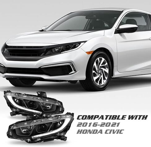 Headlight Assembly Fit for 2016-2021 Honda Civic,Halogen Headlamp w/LED DRL Chrome Housing Replacement Driver Passenger Side in Saudi Arabia