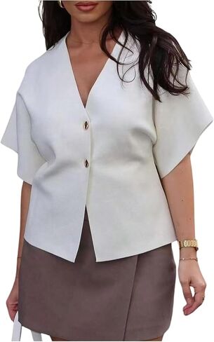 Gorglitter Women's Short Sleeve Cardigans v زر العنق أسفل ملابس متماسكة الملابس الخارجية العصرية in Saudi Arabia