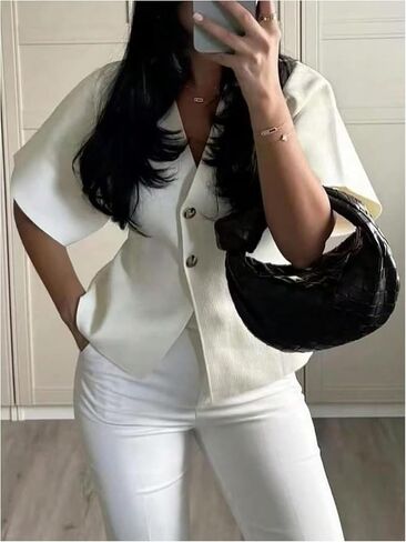 Gorglitter Women's Short Sleeve Cardigans v زر العنق أسفل ملابس متماسكة الملابس الخارجية العصرية in Saudi Arabia