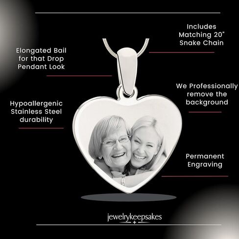 Personalized Picture Engraved Heart Pendant with 20" Chain in Saudi Arabia