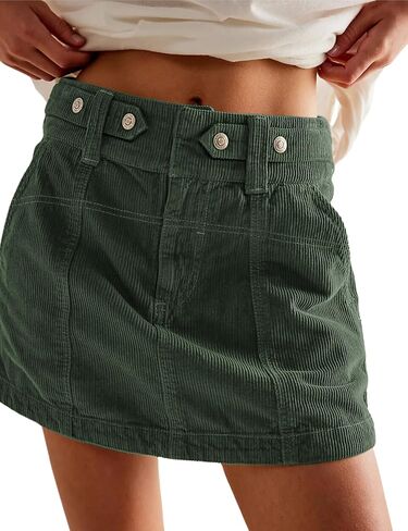 Womens Corduroy High-Rise A-line Silhouette Mini Zip Placket Button Loop Closure Skirt with Pockets in Kuwait