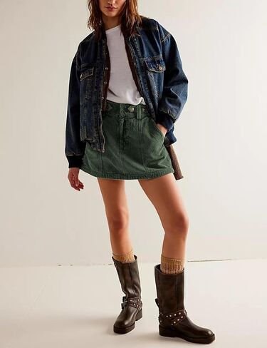 Womens Corduroy High-Rise A-line Silhouette Mini Zip Placket Button Loop Closure Skirt with Pockets in Kuwait