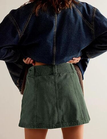 Womens Corduroy High-Rise A-line Silhouette Mini Zip Placket Button Loop Closure Skirt with Pockets in Kuwait