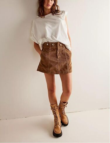 Womens Corduroy High-Rise A-line Silhouette Mini Zip Placket Button Loop Closure Skirt with Pockets in Kuwait