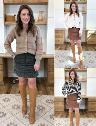 Womens Corduroy High-Rise A-line Silhouette Mini Zip Placket Button Loop Closure Skirt with Pockets in Kuwait