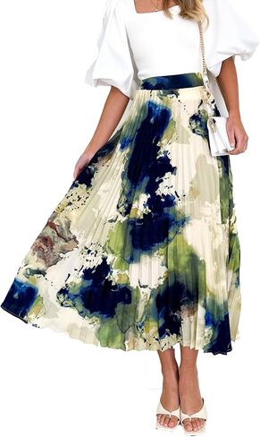 Women's 2025 High Waist Floral Long Skirts Boho Pleated Swing A Line Beach Maxi Skirt in Saudi Arabia