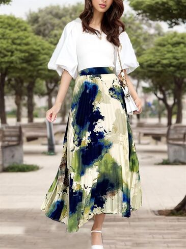 Women's 2025 High Waist Floral Long Skirts Boho Pleated Swing A Line Beach Maxi Skirt in Saudi Arabia