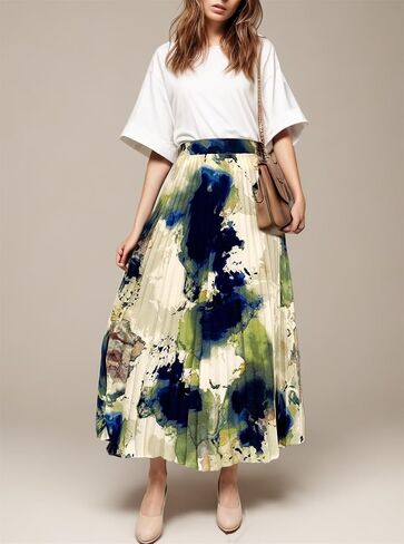 Women's 2025 High Waist Floral Long Skirts Boho Pleated Swing A Line Beach Maxi Skirt in Saudi Arabia