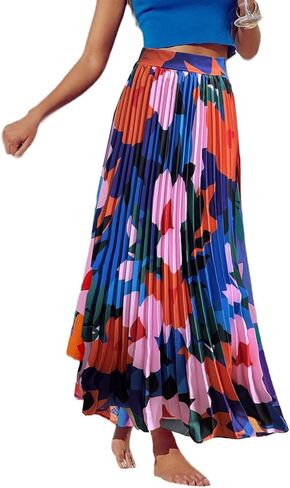Women's 2025 High Waist Floral Long Skirts Boho Pleated Swing A Line Beach Maxi Skirt in Saudi Arabia