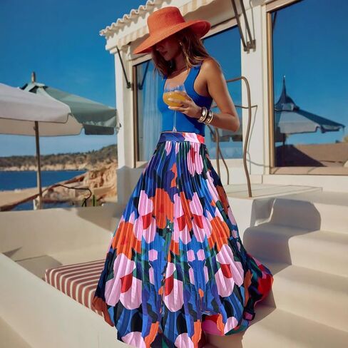 Women's 2025 High Waist Floral Long Skirts Boho Pleated Swing A Line Beach Maxi Skirt in Saudi Arabia