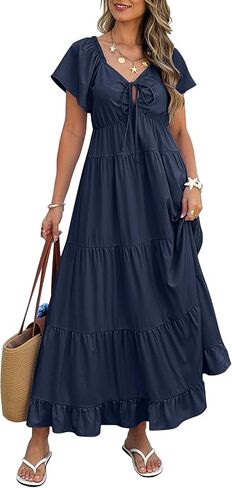 ECOWISH Womens Summer Maxi Dress 2025 Flutter Short Sleeve V Neck Tie Front Wedding Guest Vacation Tiered Flowy Dresses in Kuwait