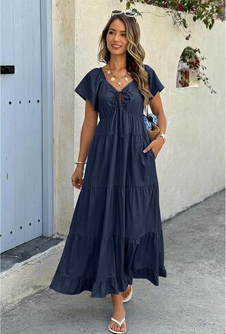 ECOWISH Womens Summer Maxi Dress 2025 Flutter Short Sleeve V Neck Tie Front Wedding Guest Vacation Tiered Flowy Dresses in Kuwait