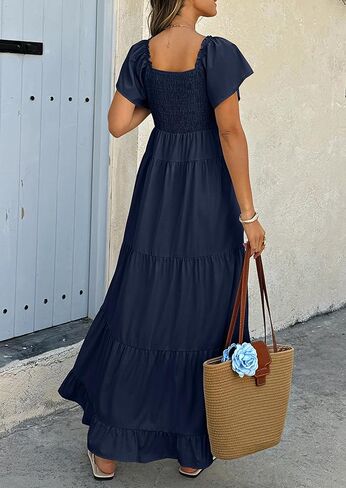 ECOWISH Womens Summer Maxi Dress 2025 Flutter Short Sleeve V Neck Tie Front Wedding Guest Vacation Tiered Flowy Dresses in Kuwait