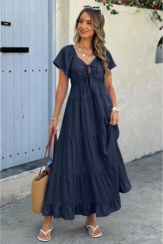 ECOWISH Womens Summer Maxi Dress 2025 Flutter Short Sleeve V Neck Tie Front Wedding Guest Vacation Tiered Flowy Dresses in Kuwait