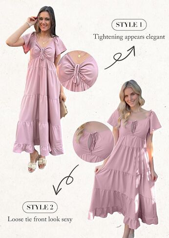ECOWISH Womens Summer Maxi Dress 2025 Flutter Short Sleeve V Neck Tie Front Wedding Guest Vacation Tiered Flowy Dresses in Kuwait