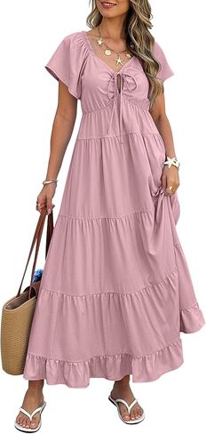 ECOWISH Womens Summer Maxi Dress 2025 Flutter Short Sleeve V Neck Tie Front Wedding Guest Vacation Tiered Flowy Dresses in Kuwait