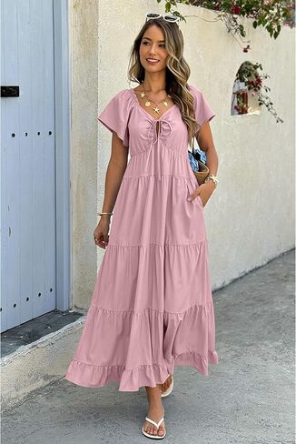 ECOWISH Womens Summer Maxi Dress 2025 Flutter Short Sleeve V Neck Tie Front Wedding Guest Vacation Tiered Flowy Dresses in Kuwait