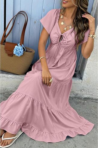 ECOWISH Womens Summer Maxi Dress 2025 Flutter Short Sleeve V Neck Tie Front Wedding Guest Vacation Tiered Flowy Dresses in Kuwait
