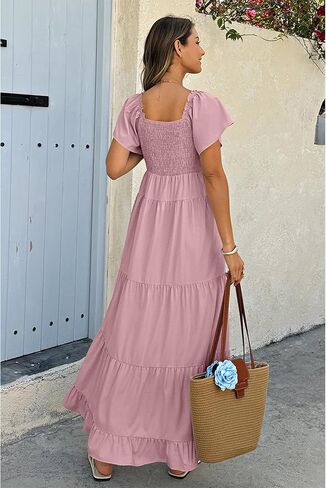 ECOWISH Womens Summer Maxi Dress 2025 Flutter Short Sleeve V Neck Tie Front Wedding Guest Vacation Tiered Flowy Dresses in Kuwait
