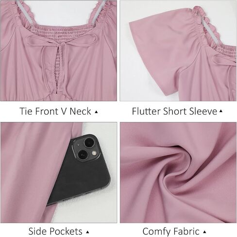 ECOWISH Womens Summer Maxi Dress 2025 Flutter Short Sleeve V Neck Tie Front Wedding Guest Vacation Tiered Flowy Dresses in Kuwait