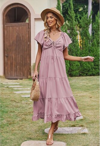 ECOWISH Womens Summer Maxi Dress 2025 Flutter Short Sleeve V Neck Tie Front Wedding Guest Vacation Tiered Flowy Dresses in Kuwait