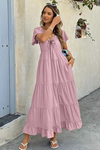 ECOWISH Womens Summer Maxi Dress 2025 Flutter Short Sleeve V Neck Tie Front Wedding Guest Vacation Tiered Flowy Dresses in Kuwait