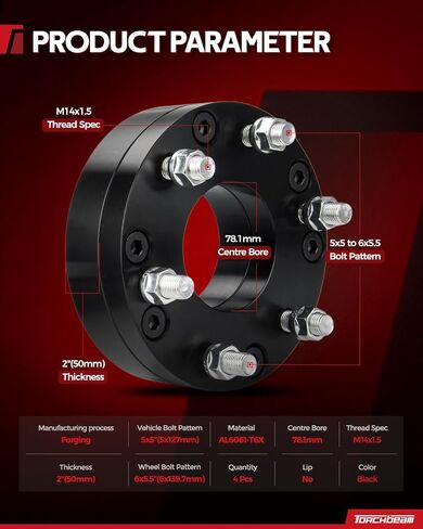 Torchbeam 5x5 to 6x5.5 Lug Centric Wheel Adapters 2 inch with M14x1.5 Thread Pitch,78.1mm Hub Bore,4pcs Adapters for Grand Cherokee, Wrangler, C1500, Tahoe, Durango, Commander,Changes Bolt Pattern in Saudi Arabia