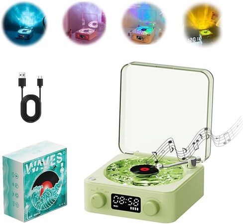 مشغل The Waves Vinyl، مكبر صوت بلوتوث Waves Vinyl، مشغل أقراص مضغوطة محمول يبدو وكأنه مشغل تسجيل، مكبر صوت بلوتوث لاسلكي عتيق الطراز مع أضواء محيطة - أبيض in Kuwait