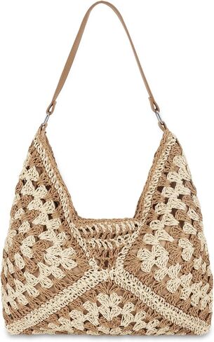 حقيبة شاطئ Straw Hobo للنساء ، حقيبة الكتف الصيفية الصيفية الكروشيه ، حقيبة يد قابلة للطي خمر للسفر in Saudi Arabia